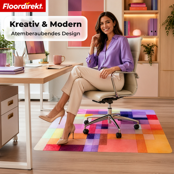 Floordirekt Logo. Frau am Schreibtisch auf Bürostuhl auf bunter Bodenschutzmatte mit Mosaikmuster in einem hellen, modernen Homeoffice.