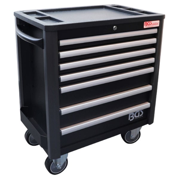 BGS Technic Werkstattwagen in Schwarz mit sieben Schubladen, Rollen und Griff.