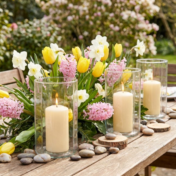 Frühlingshafte Tischdekoration mit Kerzen in Glaswindlichtern und einem Blumenstrauß aus Tulpen, Narzissen und Hyazinthen auf einem Holztisch.