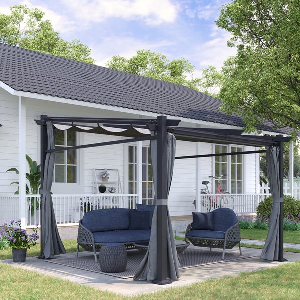 Outsunny Terrassendach Pergola ca. 3x3m Terrassendachung Garten Pavillon Aluminium, Wandmontage, Gartenpavillon mit Verstellbares Dach, UV Schutz, Sonnenschutz für Terrasse und Garten, Dunkelgrau
