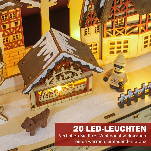 Weihnachtsdekoration aus Holz, beleuchtetes Weihnachtsdorf mit 20 LED-Leuchten, Häusern, einer Figur und einem Hund.