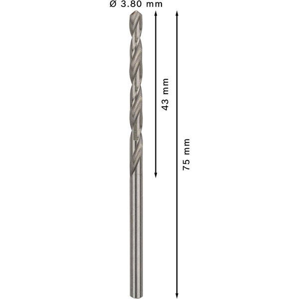 Bohrer mit Durchmesser 3,80 Millimeter, Länge 75 Millimeter und Spirale von 43 Millimeter