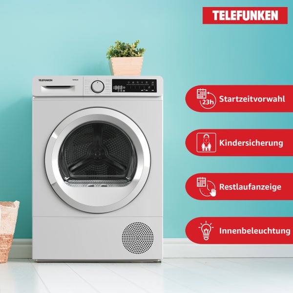 Telefunken Wärmepumpentrockner für 8 kg Wäsche Trockner Frontlader Wäschetrockner mit Knitterschutz leise TWP8CW