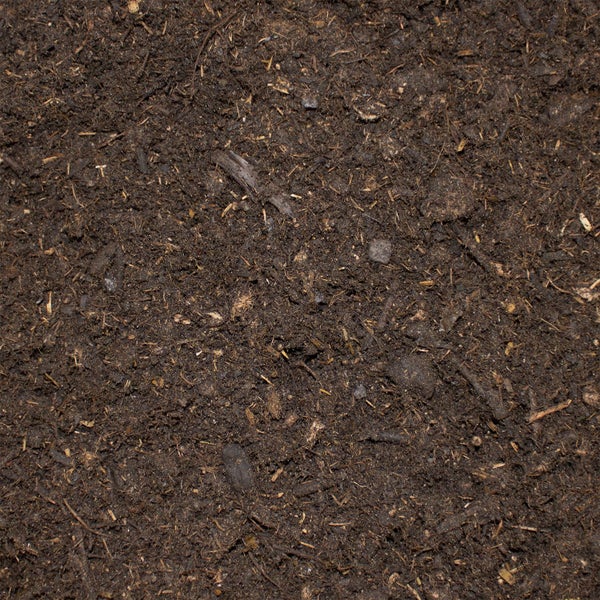 Nahaufnahme von dunkler Blumenerde mit sichtbaren Holzstücken und Pflanzenfasern.