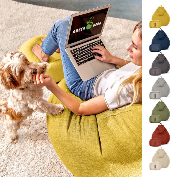 Green Bean 2er Set Indoor XXL Sitzsack + Hocker mit EPS-Perlen Füllung - Fußhocker Fußkissen Sitz-Pouf Bodenkissen Liegekissen Sitzkissen Lounge Chair Sitzhocker Relax-Sessel Bean Bag Gelb