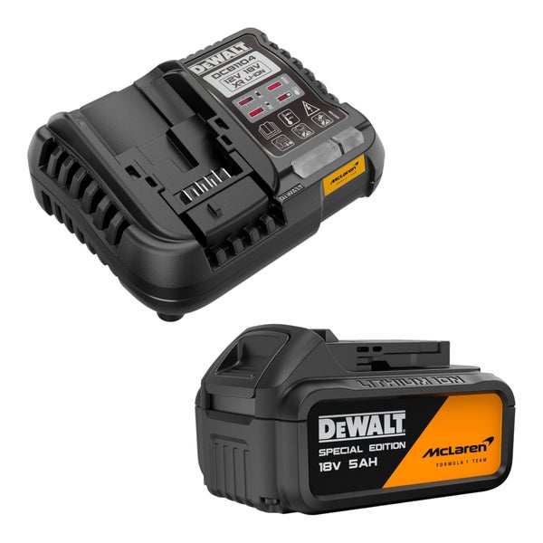 DeWalt Akku-Ladegerät DCB1104 und DeWalt 18 Volt 5 Ampere-Stunden Lithium-Ionen-Akku, McLaren Special Edition.