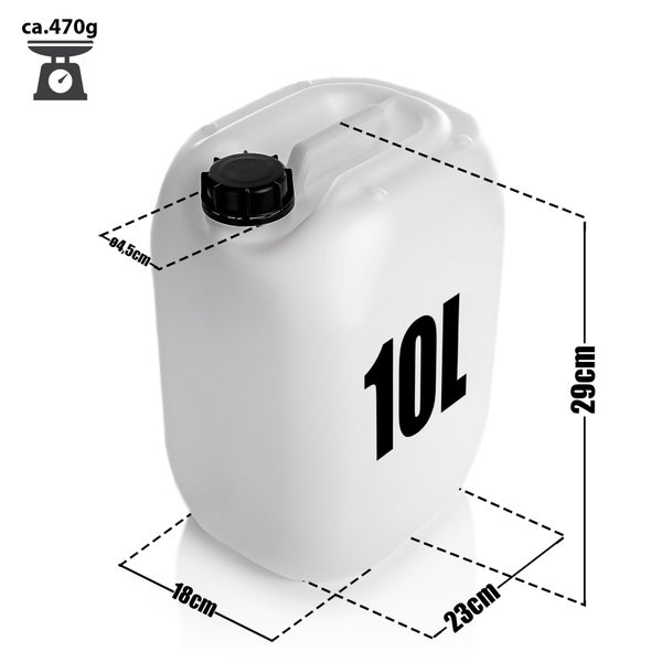 Weißer 10 Liter Kanister mit schwarzem Deckel und Größenangaben