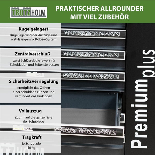 Werkstattwagen Premium plus unbestückt 7 Schubladen Seitentür Softclose Interloc abschließbar