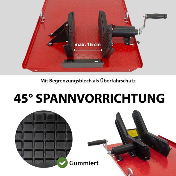 Motorradwippe mit 45-Grad-Spannvorrichtung und einem Maximalabstand von 16 Zentimetern, mit Begrenzungsblech und Gummierung