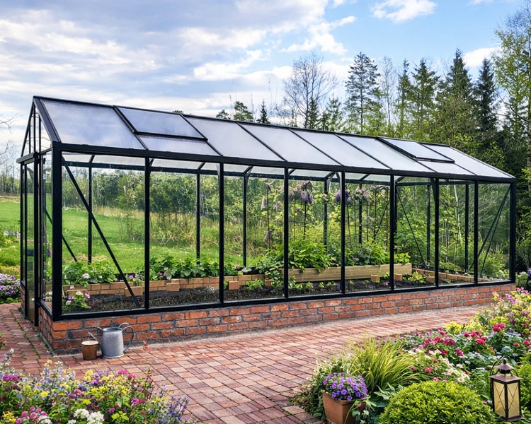 Großes Gewächshaus mit schwarzem Metallrahmen und Glaspaneelen auf einem Ziegelsockel in einem Garten mit Blumen und Bäumen.