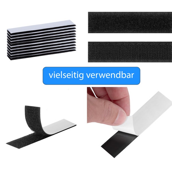 Selbstklebende Klettverschlussstreifen für verschiedene Befestigungszwecke, mit Schutzfolie zum Abziehen.