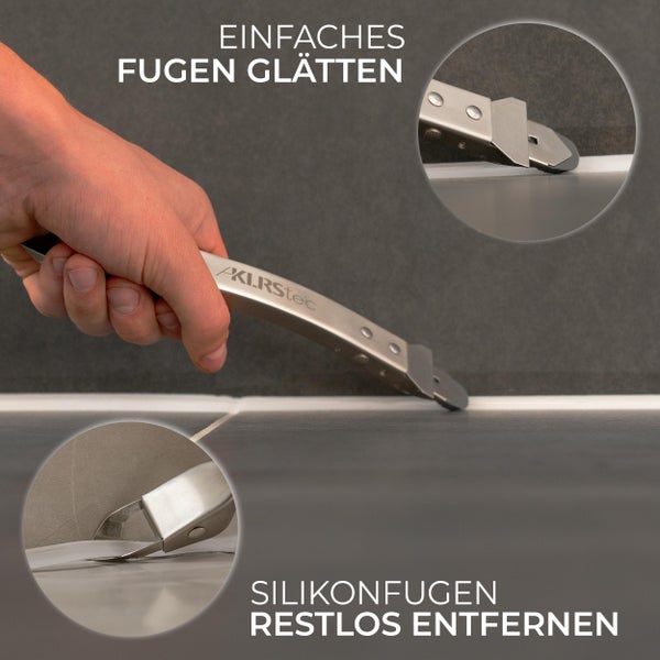 KLRStec Professional Fugenglätter Werkzeug [100% Edelstahl] Robustes 4 in 1 Fugenkratzer & Abzieher Multitool inkl. praktischer Tasche mit Gürtelclip - Profi Werkzeug-Set zum erneuern von Silikonfugen