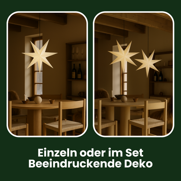 Zwei Bilder zeigen eine Dekoration mit Papiersternen über einem Esstisch.