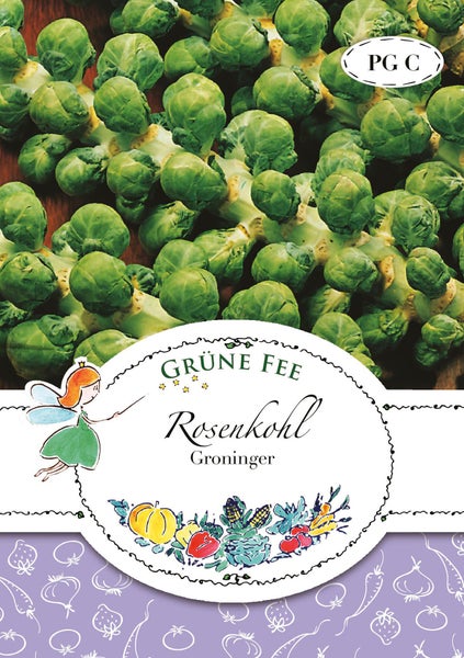 Samentüte für Rosenkohl Groninger der Marke Grüne Fee mit einer Abbildung von frischem Rosenkohl.