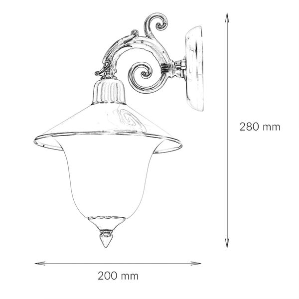 Skizze einer Wandleuchte mit den Maßen 280 mm Höhe und 200 mm Breite.