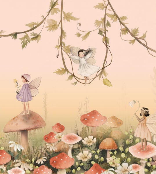 Illustration einer Märchenlandschaft mit Pilzen, Blumen, Ranken und kleinen Feen