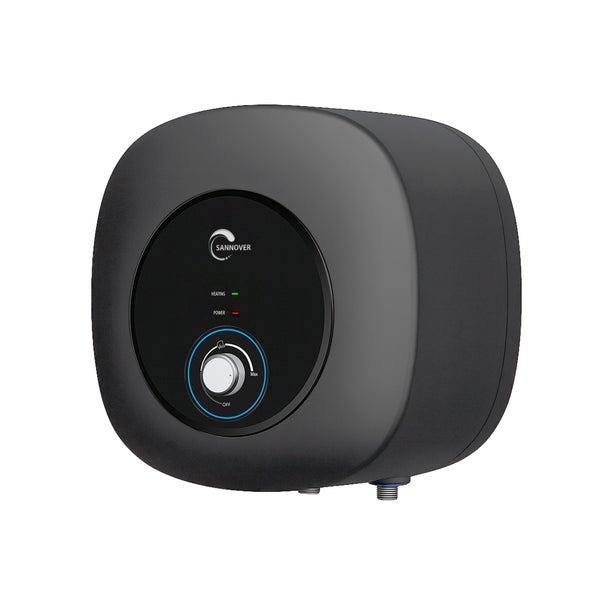 Elektrischer Warmwasserspeicher mit Sannover Logo, Temperaturregler und Anzeigen für Heizung und Betrieb.
