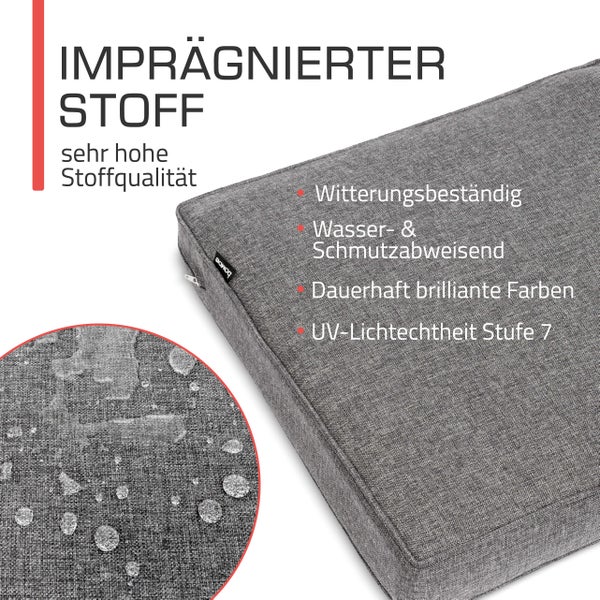 Wetterfestes Sitzkissen mit imprägniertem Stoff, wasserabweisend, schmutzabweisend und lichtecht für den Außenbereich.