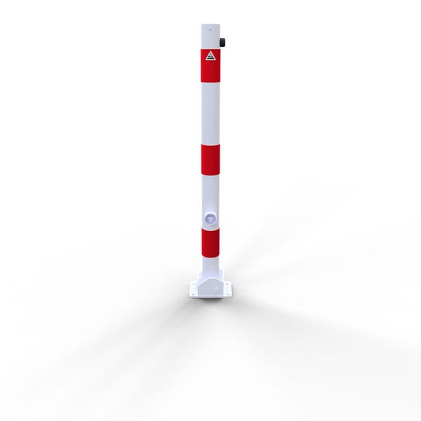 Schake Absperrpfosten umlegbar aus Stahlrohr verzinkt Ø60x2,5mm weiß mit rot reflektierenden Leuchtstreifen, Dreikantverschluss, Dübelbefestigung und Stahlkappe 900mm Überflur