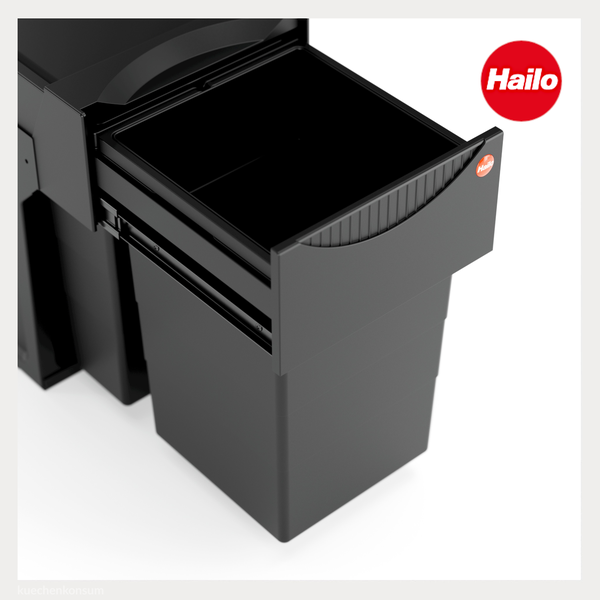 Schwarzes ausziehbares Abfalltrennsystem für Küchenunterschränke und Hailo Logo.