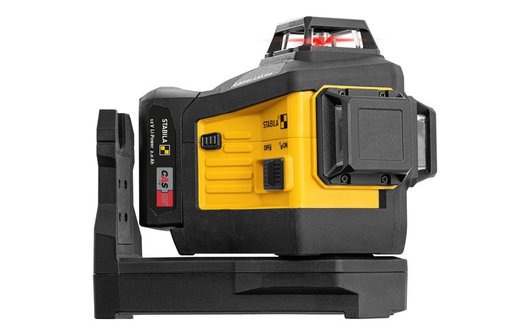 Stabila Multilinien-Laser LAX 600 mit 12 Volt Akku und Wandhalterung.