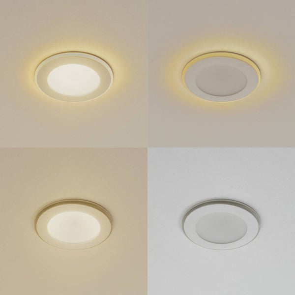 Runder LED Einbaustrahler in vier Beleuchtungszuständen mit Hauptlicht und dekorativem Backlight Effekt.