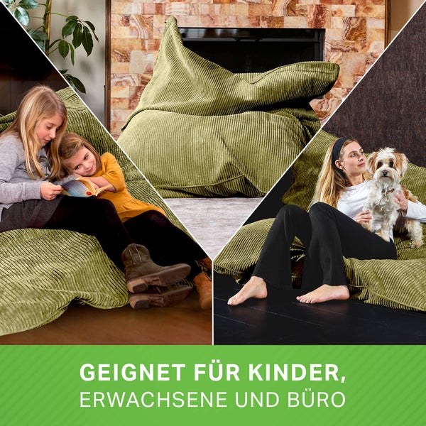 Green Bean XXL Sitzsack aus Cordstoff 370 Liter EPS-Perlen Füllung - Kuschelig Weich Robust & Waschbarem-Stoff Bodenkissen Liegekissen Sitzkissen - Grün