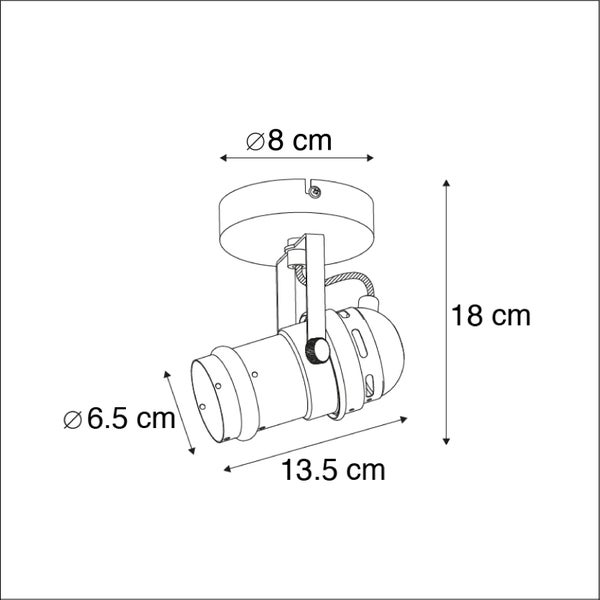 Technische Zeichnung einer Aufbauleuchte mit den Maßen 8 cm, 6,5 cm, 13,5 cm und 18 cm.