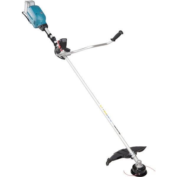 Schwarzer und roter Bediengriff für ein Motorgerät mit Statusanzeigen, Ein- und Ausschalter, Geschwindigkeitswahlsymbolen, Sicherheitshebel und Gashebel.