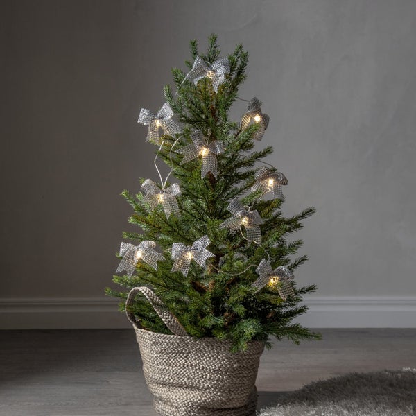 Dekorierter Miniaturweihnachtsbaum im Korb mit Schleifen und Lichtern