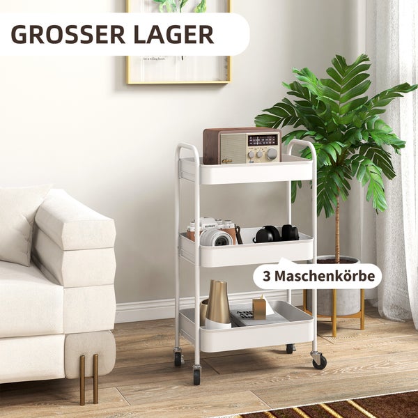 HOMCOM Servierwagen Rollwagen mit 3 Etagen, Küchenwagen, Aufbewahrungswagen, Beistellwagen für Küche, Wohnzimmer, Stahl, Weiß