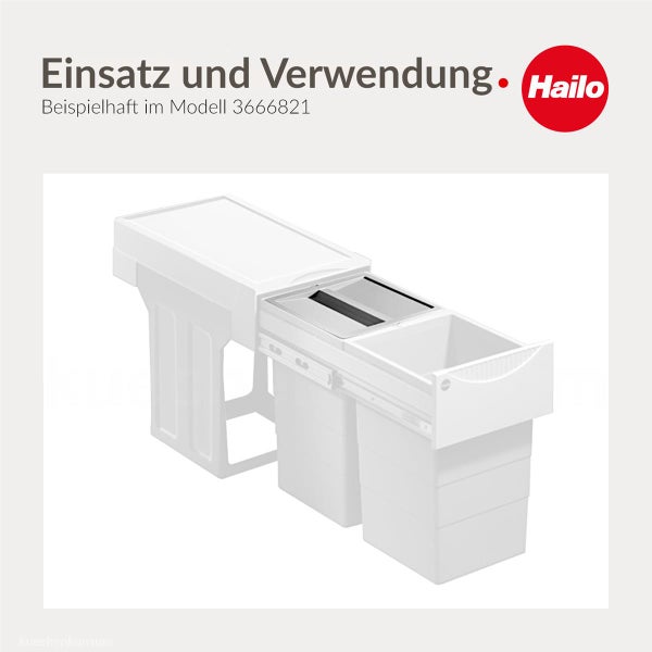 Hailo Logo. Einbaumülltrennsystem mit ausziehbaren Mülleimern und einer feststehenden Ablageplatte.