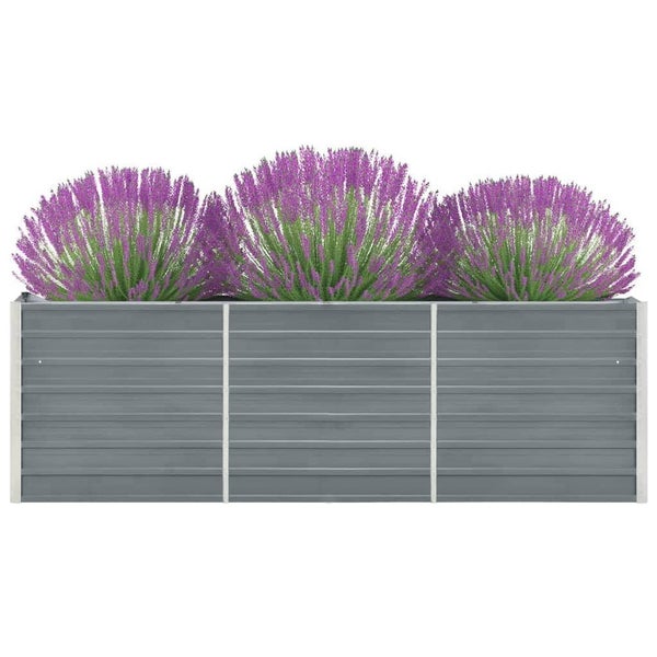 Rechteckiges Hochbeet aus Metall mit drei eingepflanzten Lavendelbüschen zur Gartenbepflanzung.