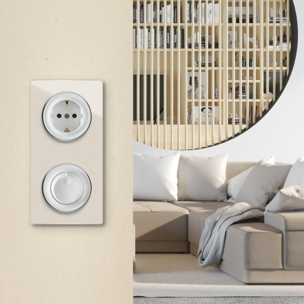 Eine Kombination aus Steckdose und Lichtschalter an einer Wand vor einem modernen Wohnzimmer mit Sofa und Bücherregal.