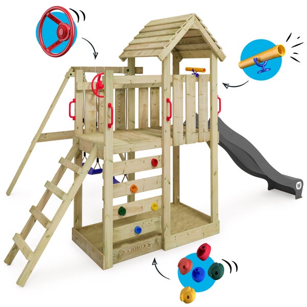WICKEY Spielturm Klettergerüst MultiFlyer Holzdach mit Schaukel und Rutsche, Kletterturm mit Holzdach, Sandkasten, Leiter und Spiel-Zubehör - anthrazit