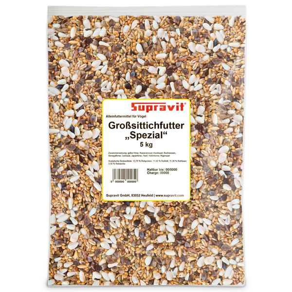 Supravit Großsittichfutter Spezial, 5 kg, Alleinfuttermittel für Vögel in der Verpackung