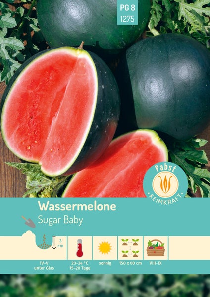 Samentüte Wassermelone Sugar Baby, Aussaat April bis Mai unter Glas, sonnig, Ernte August bis September. Pabst Keimkraft Logo.