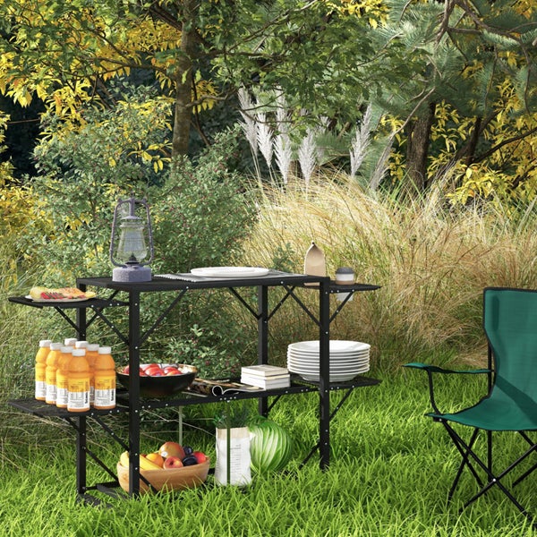 Outsunny Campingtisch Faltbar, Camping-Küchentisch mit 2 Ablagen, 126L x 44B x 80H cm, Metall, Schwarz