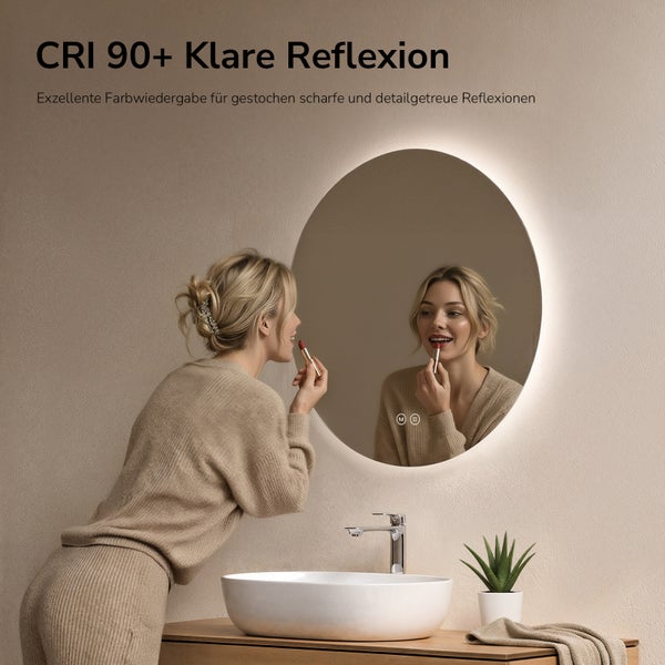 Runder Badezimmerspiegel mit LED-Beleuchtung und hoher Farbwiedergabe CRI 90 plus in einem hellen Badezimmer mit Aufsatzwaschbecken.