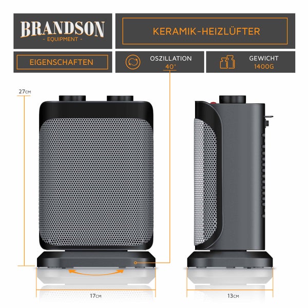 Brandson Keramikheizlüfter 1500W, Keramik Heizlüfter 2 Leistungsstufen, Überhitzungsschutz, Automatische Abschaltung, Umkippschutz, 40° Oszillation