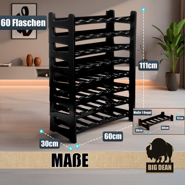 Schwarzes Weinregal aus Kunststoff für 60 Flaschen mit Abmessungen