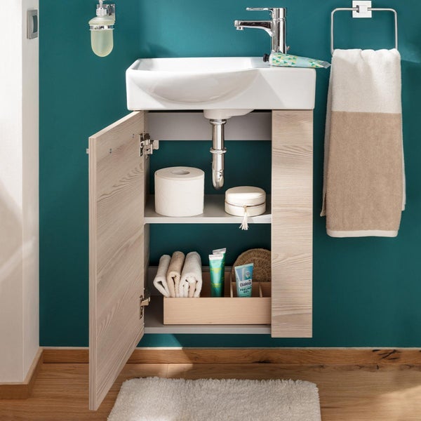 Fackelmann B.CLEVER Gäste-WC Set 2 Teile – Waschtischunterschrank in Holz Braun mit Waschbecken aus Keramik – SBC Waschbeckenunterschrank schmal – Türanschlag links – Hahnloch rechts – 45 cm breit