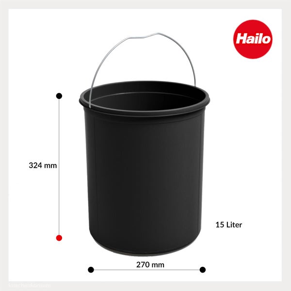 Hailo Logo. Schwarzer runder Abfalleimer mit 15 Liter Fassungsvermögen und Metallbügel. Höhe 324 Millimeter, Durchmesser 270 Millimeter.