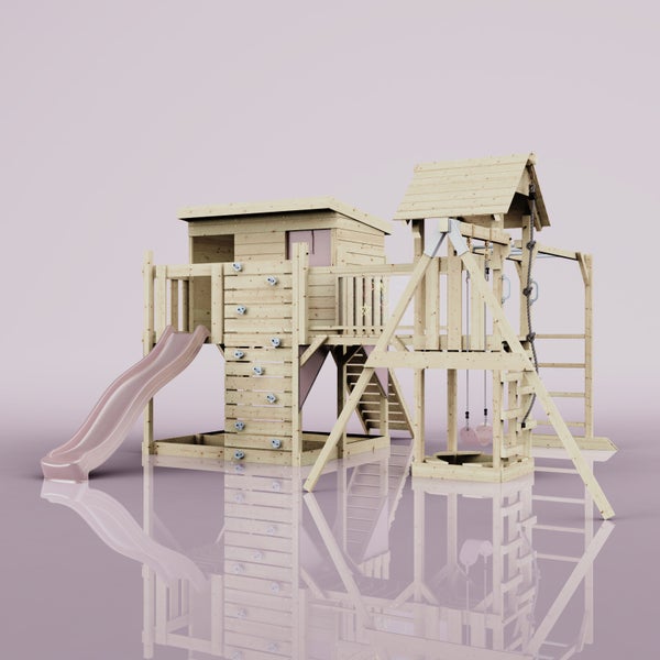 Spielplatz mit Rutsche, Kletterwand, Schaukel und Spielhaus aus Holz