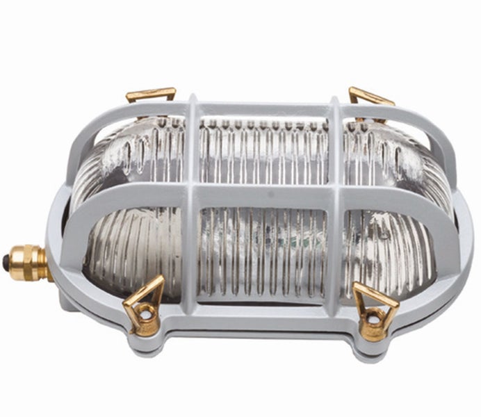 Graue ovale Wandleuchte mit Schutzgitter und klarem Glas