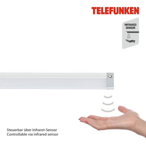 Telefunken Logo, Infrarot-Sensor Symbol, Unterbauleuchte steuerbar über Infrarot-Sensor durch Handbewegung.
