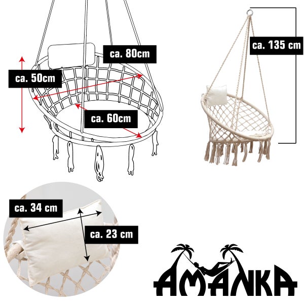 Makramee Hängesessel in Beige und 215cm Gestell bis 120kg