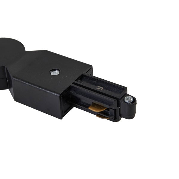 Schwarzer Schienenverbinder aus Kunststoff für Stromschienensysteme mit Kupferkontakten und Schraubbefestigung.