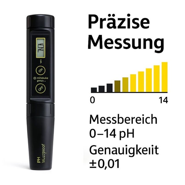 Wasserfester pH-Messer mit einem Messbereich von 0 bis 14 pH und einer Genauigkeit von plus minus 0,01.