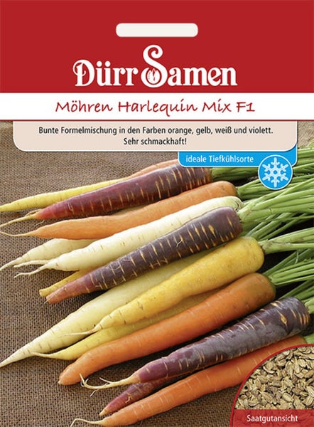 Samentüte Möhren Harlequin Mix F1 mit bunten Möhren, Tiefkühl-Eignung, Saatgutansicht und Dürr Samen Logo.